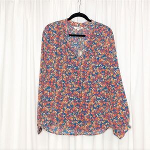 Tucker NYC Long Sleeve Polo Blouse Blue Sweet Pea in Crepe de Chine Silk Top